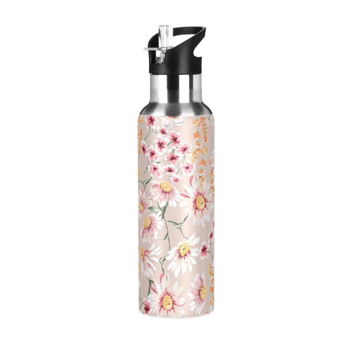 Pink Floral Stainless Steel Insulated Water Bottle with Straw Lid M541964