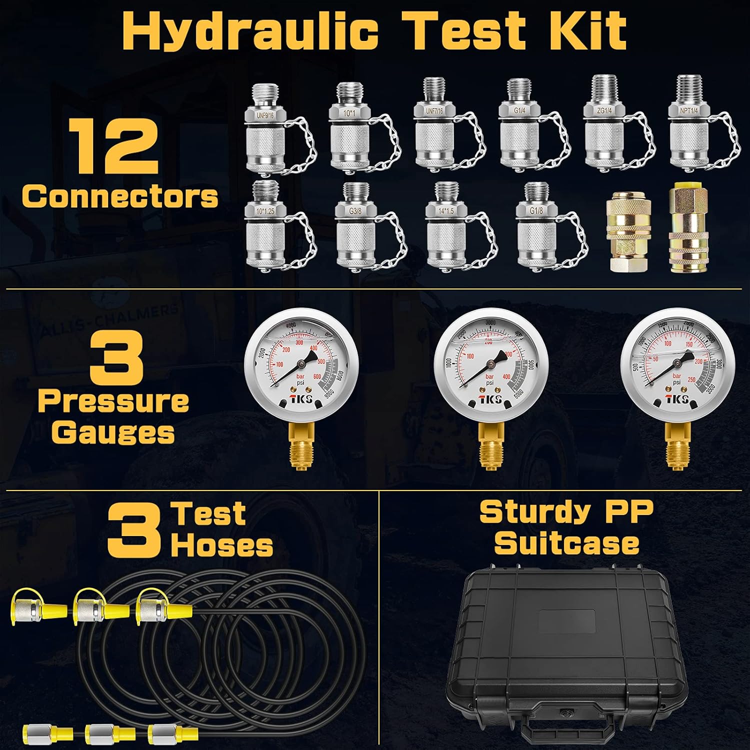 Hydraulic Pressure Test Gauge Kit with 12 Couplings, 3 Test Hoses, 3 Pressure Gauges I510