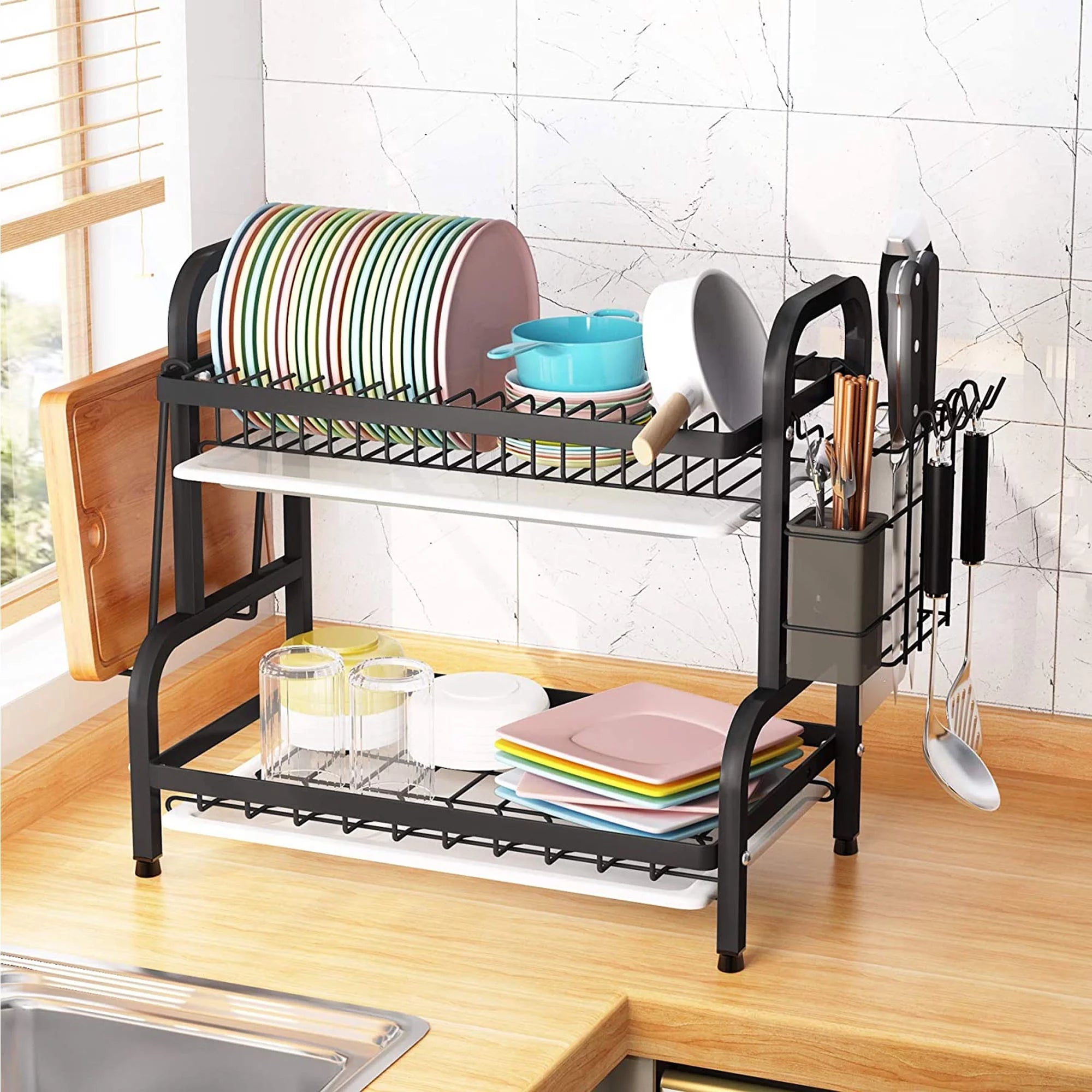 Adjustable 2-Tier Large Dish Drying Rack with Cutting Board Holder E36880