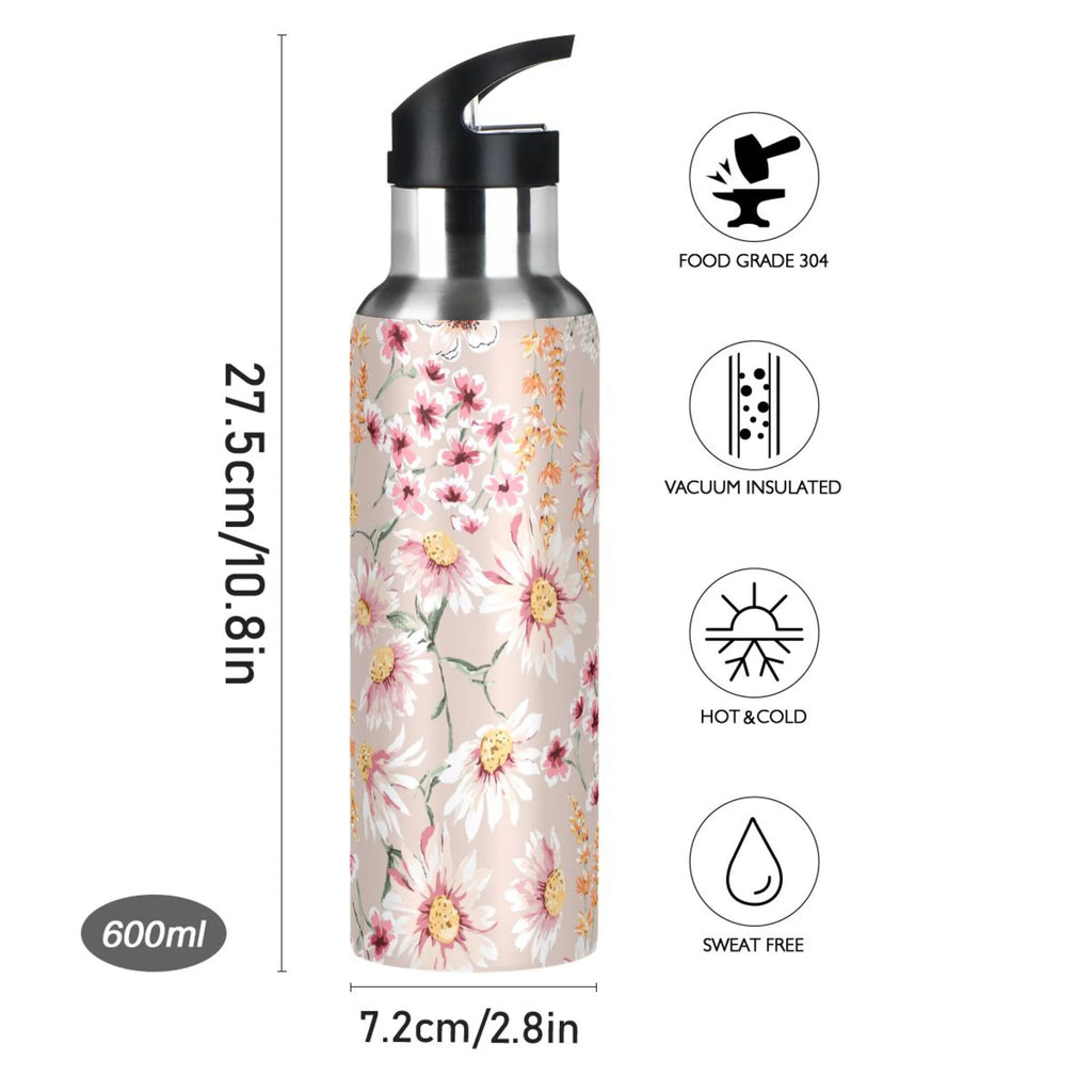 Pink Floral Stainless Steel Insulated Water Bottle with Straw Lid M541964