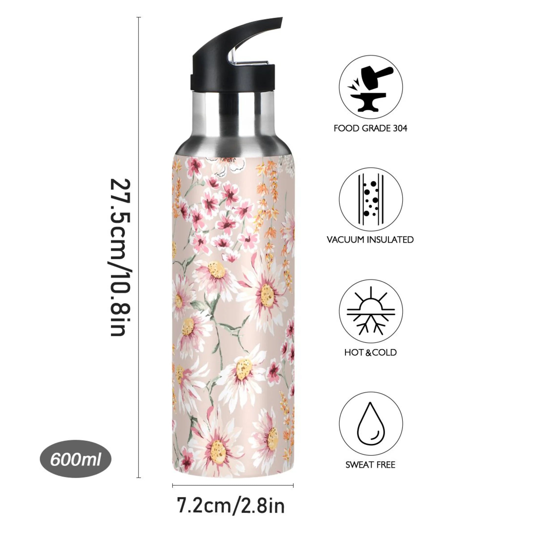 Pink Floral Stainless Steel Insulated Water Bottle with Straw Lid M541964