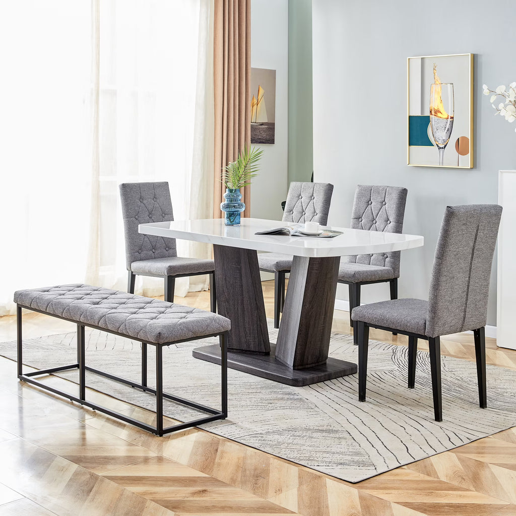6PCS Faux Marble Dining Table Set with 4 Fabric Chairs and 1 Fabric Bench S8585