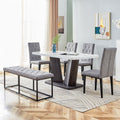 6PCS Faux Marble Dining Table Set with 4 Fabric Chairs and 1 Fabric Bench S8585