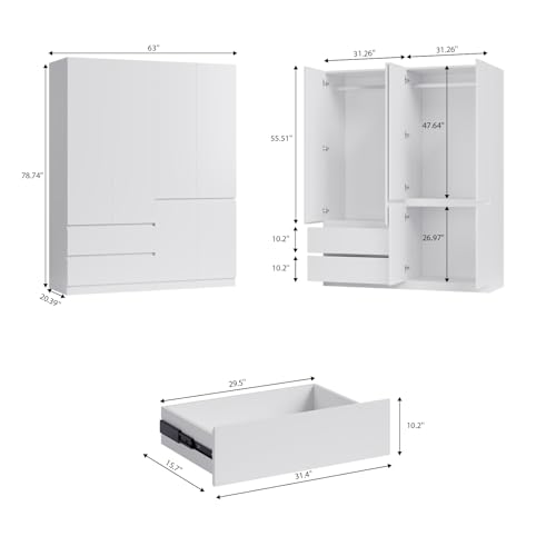 White 4 Door 2 Drawers Wooden Armoire Wardrobe with Shelves and Hanging Rod V1861