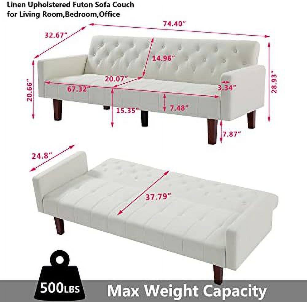 Grey Linen Upholstered Futon Sofa Bed 74" Tufted 3 Seater L37098