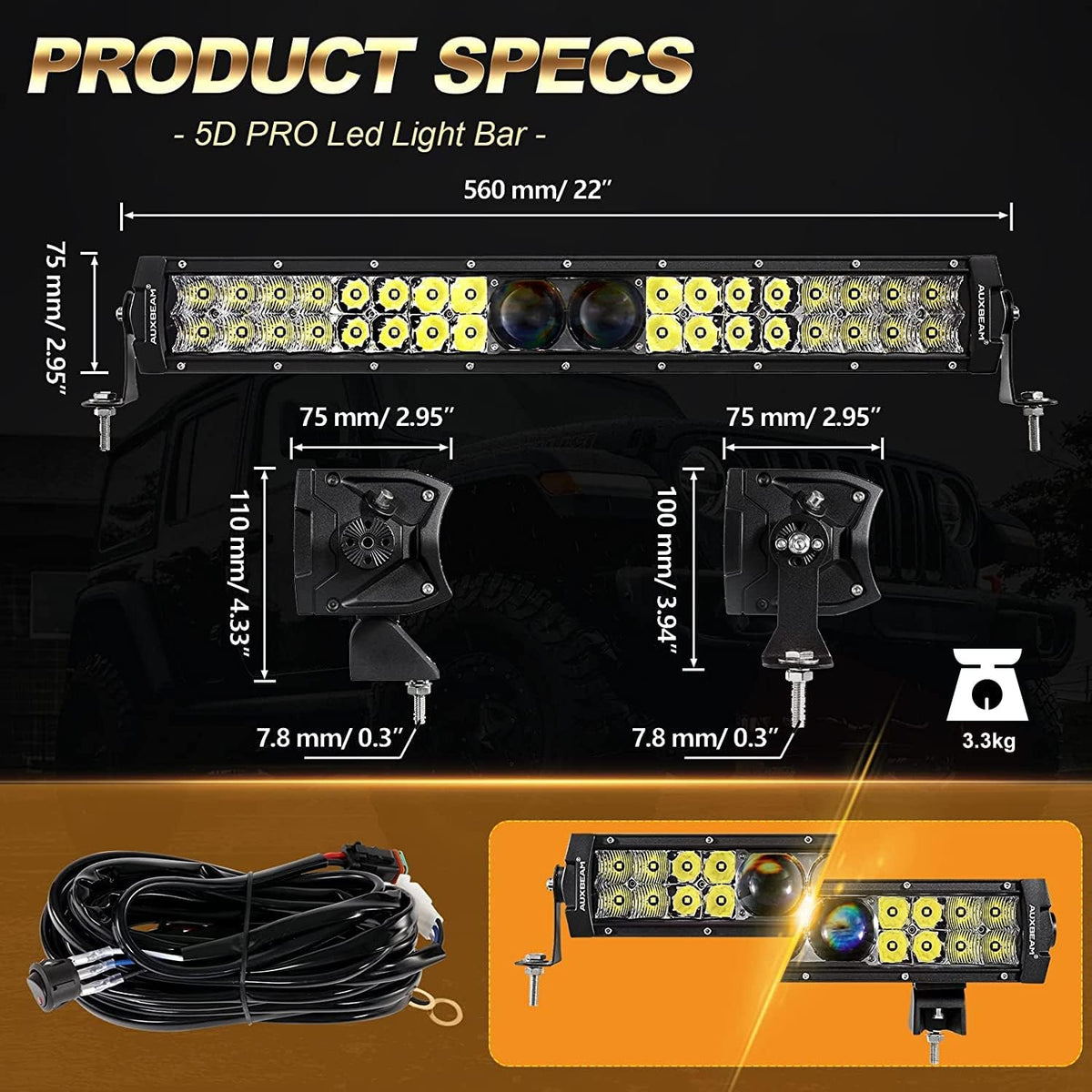 22 Inch 128W Waterproof Dual Row Spot Flood Combo LED Work Lights with Wiring Harness L430