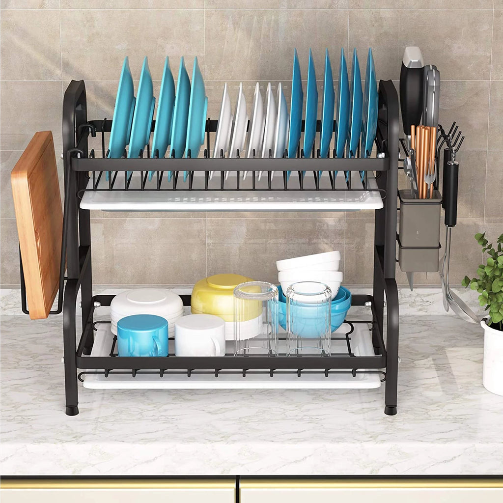 Adjustable 2-Tier Large Dish Drying Rack with Cutting Board Holder E36880
