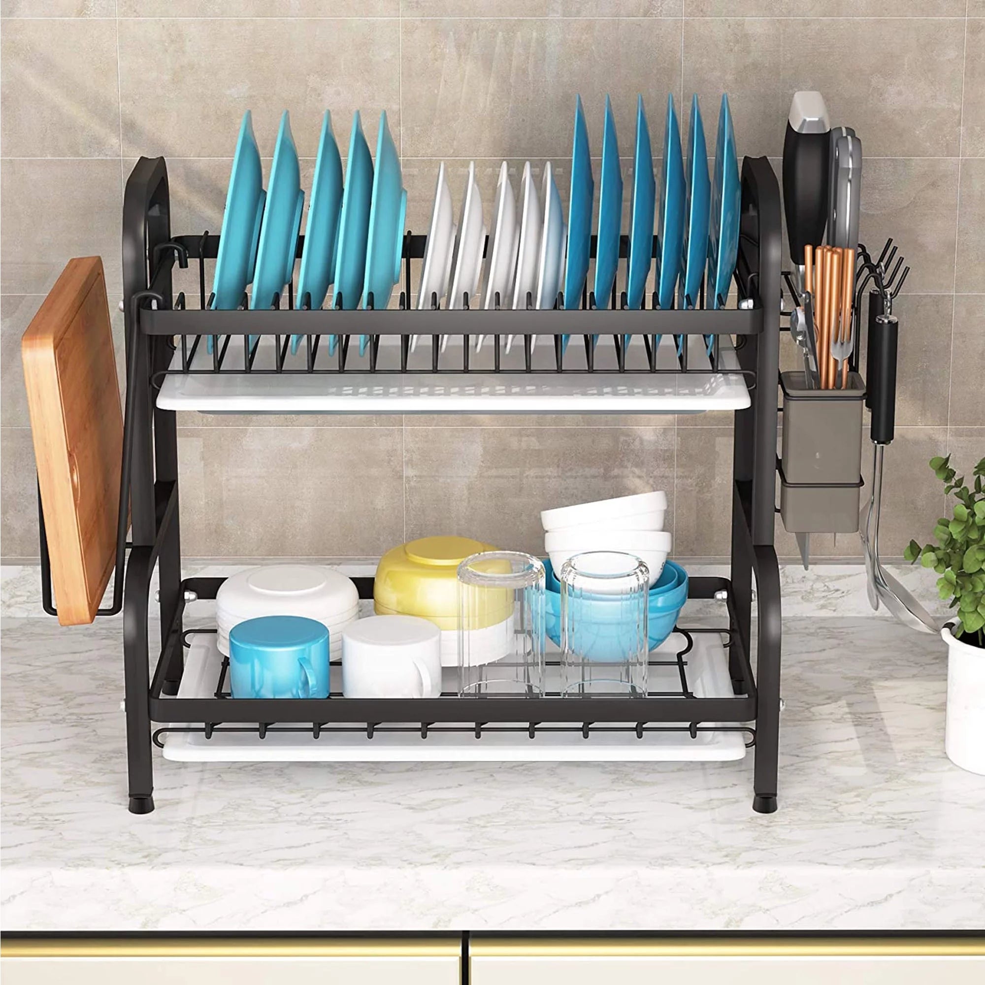 Adjustable 2-Tier Large Dish Drying Rack with Cutting Board Holder E36880