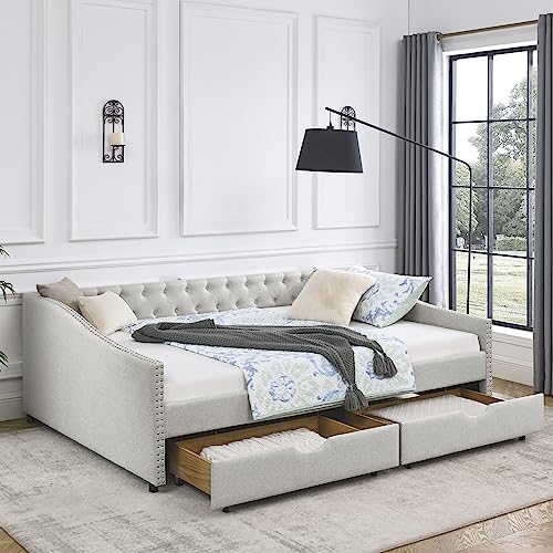 Beige Fabric Queen Size Upholstered Daybed with Drawers Y2370