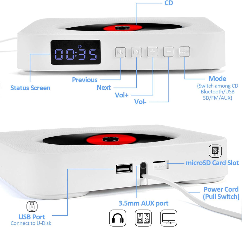 Wall Mounted CD Player with Bluetooth Speakers and FM Radio S379