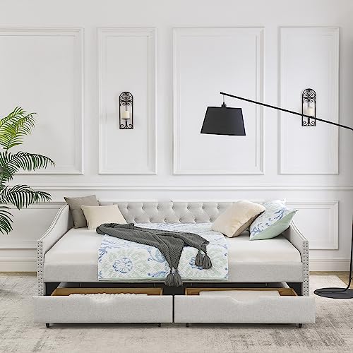 Beige Fabric Queen Size Upholstered Daybed with Drawers Y2370