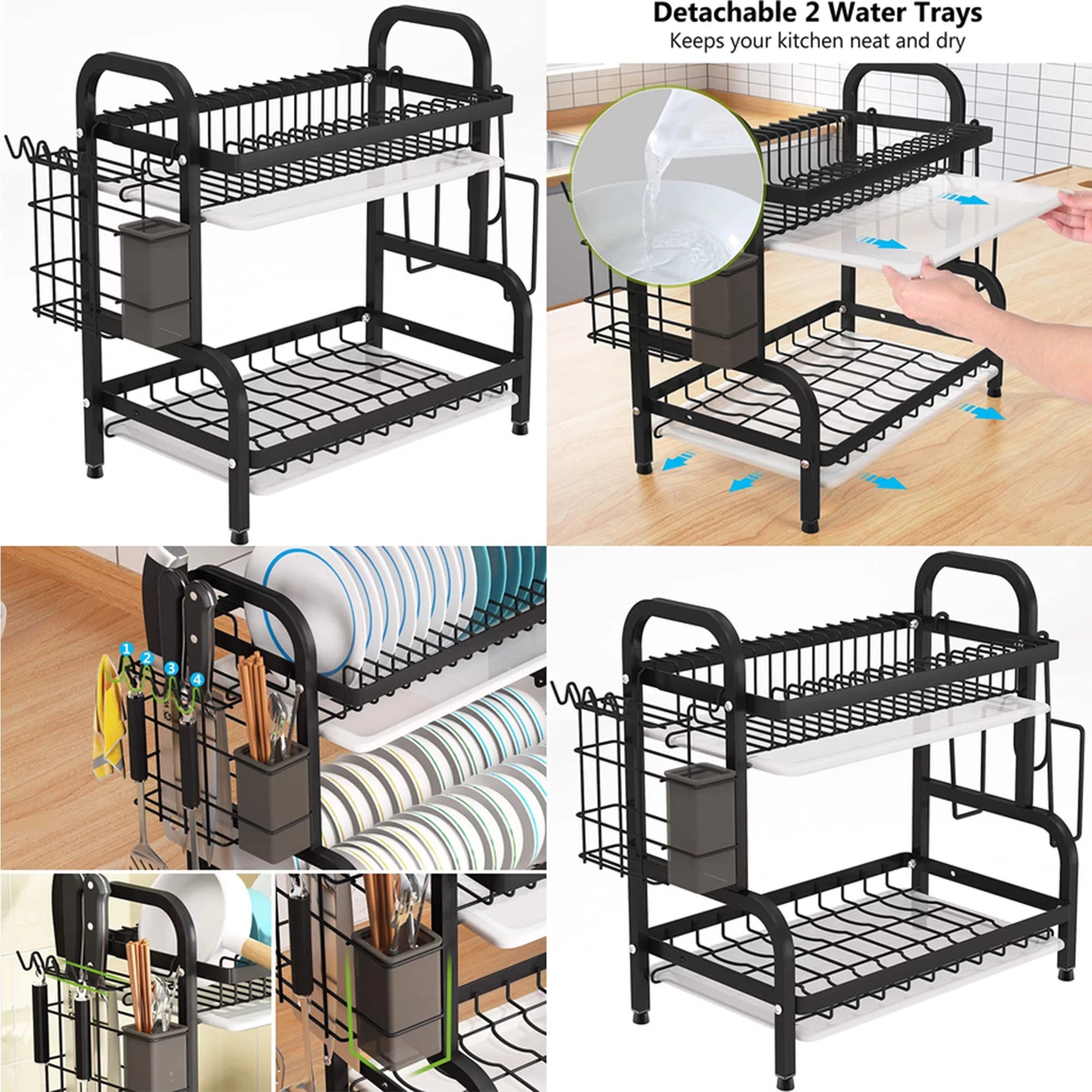 Adjustable 2-Tier Large Dish Drying Rack with Cutting Board Holder E36880
