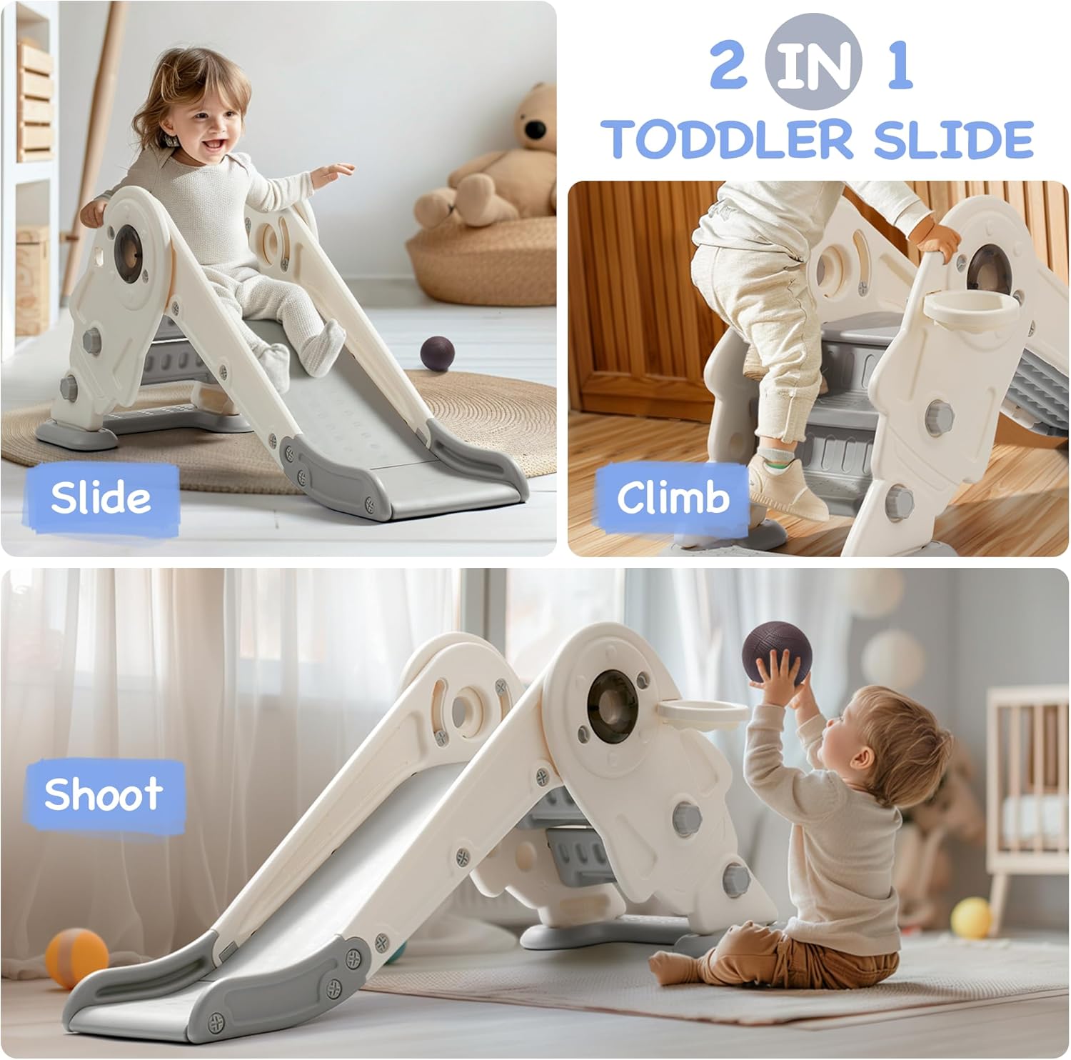 Toddler Slide Set, 2 in 1 Kids Slide with Climber and Basketball Hoop Z899