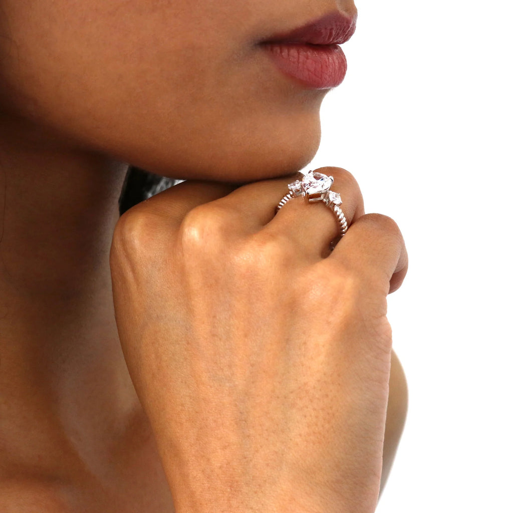 Sterling Silver Pear Cut Cubic Zirconia Woven Ring, Rhodium Plated Size 6 F658