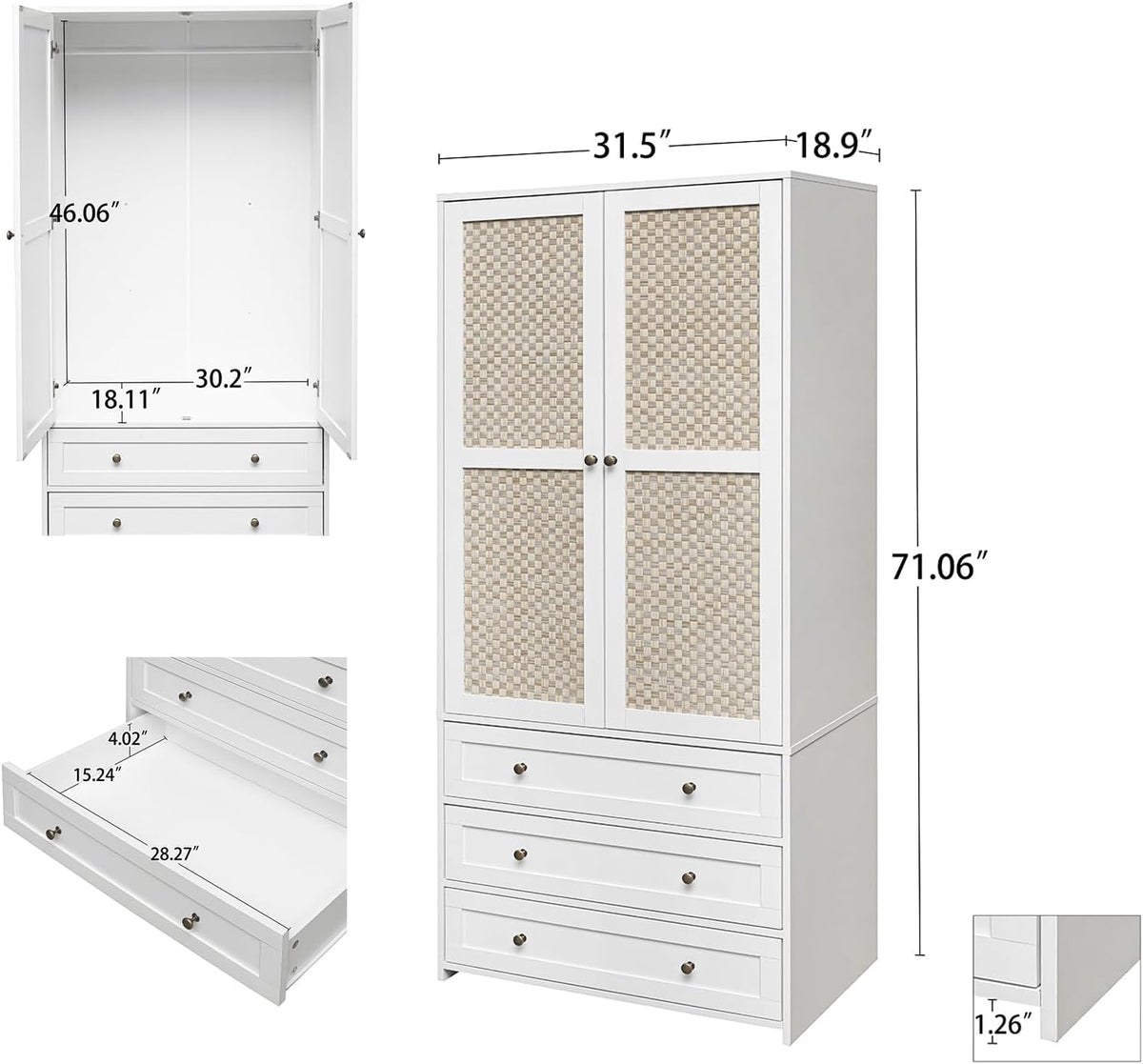 Wooden Armoire Wardrobe with Rattan Door and 3 Drawer N926036