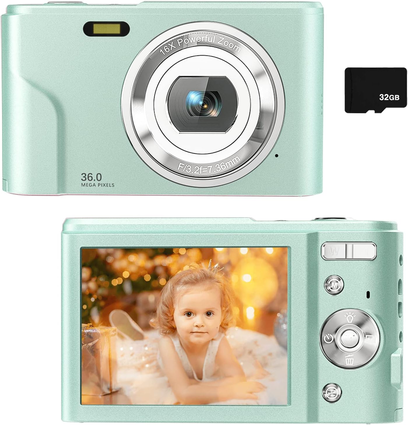 36MP Full HD 1080P Rechargeable Digital Camera with 32GB SD Card (Green) N68208