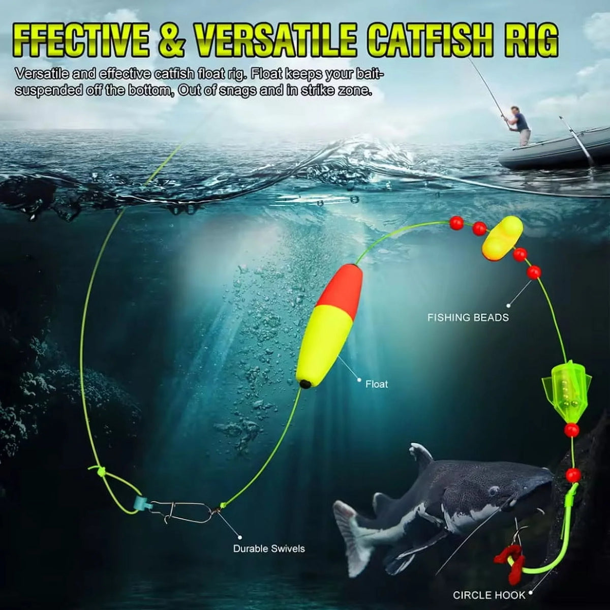 5pcs Catfish Rigs Fishing Tackle with Floats, Rattler Beads, Snap Hooks B7150