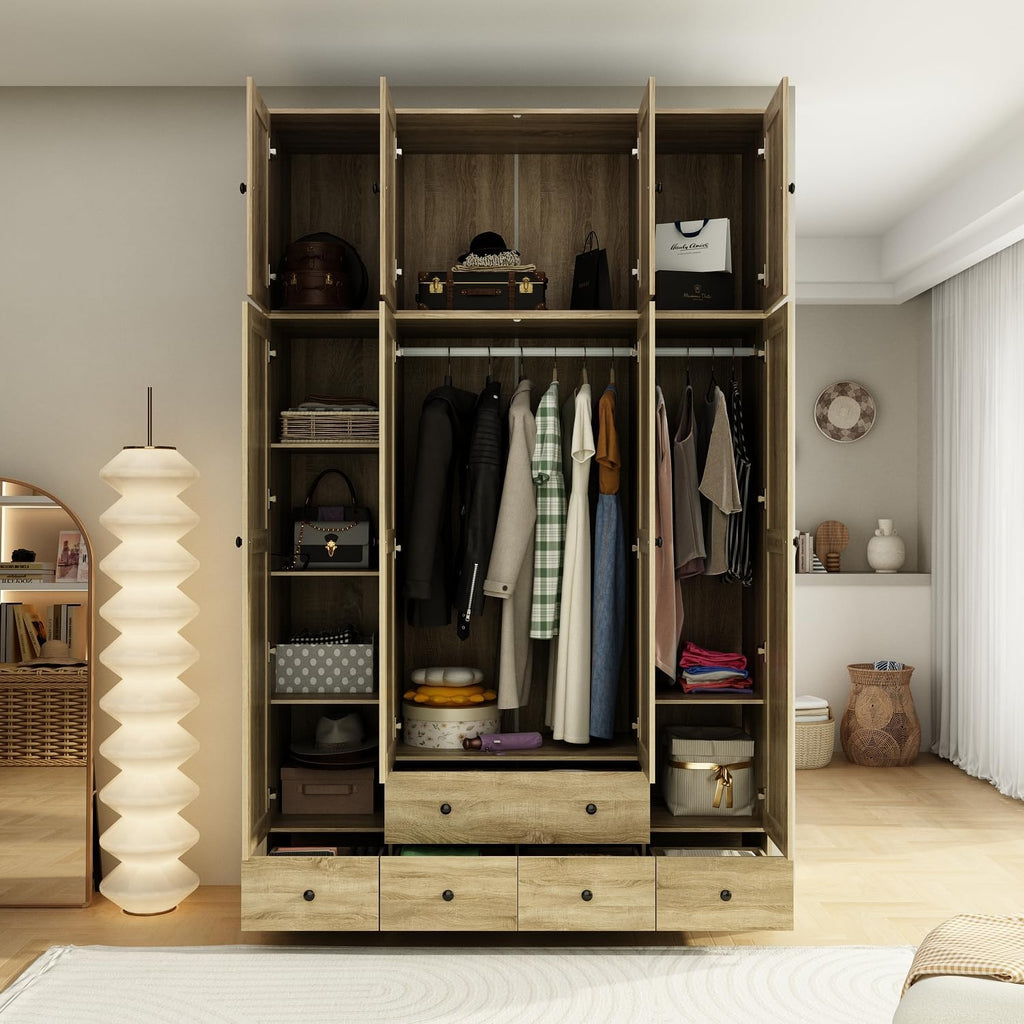 Light Brown 8 Door Wardrobe Armoire with Rattan Doors, 5 Drawers, 2 Hanging Bars S44433
