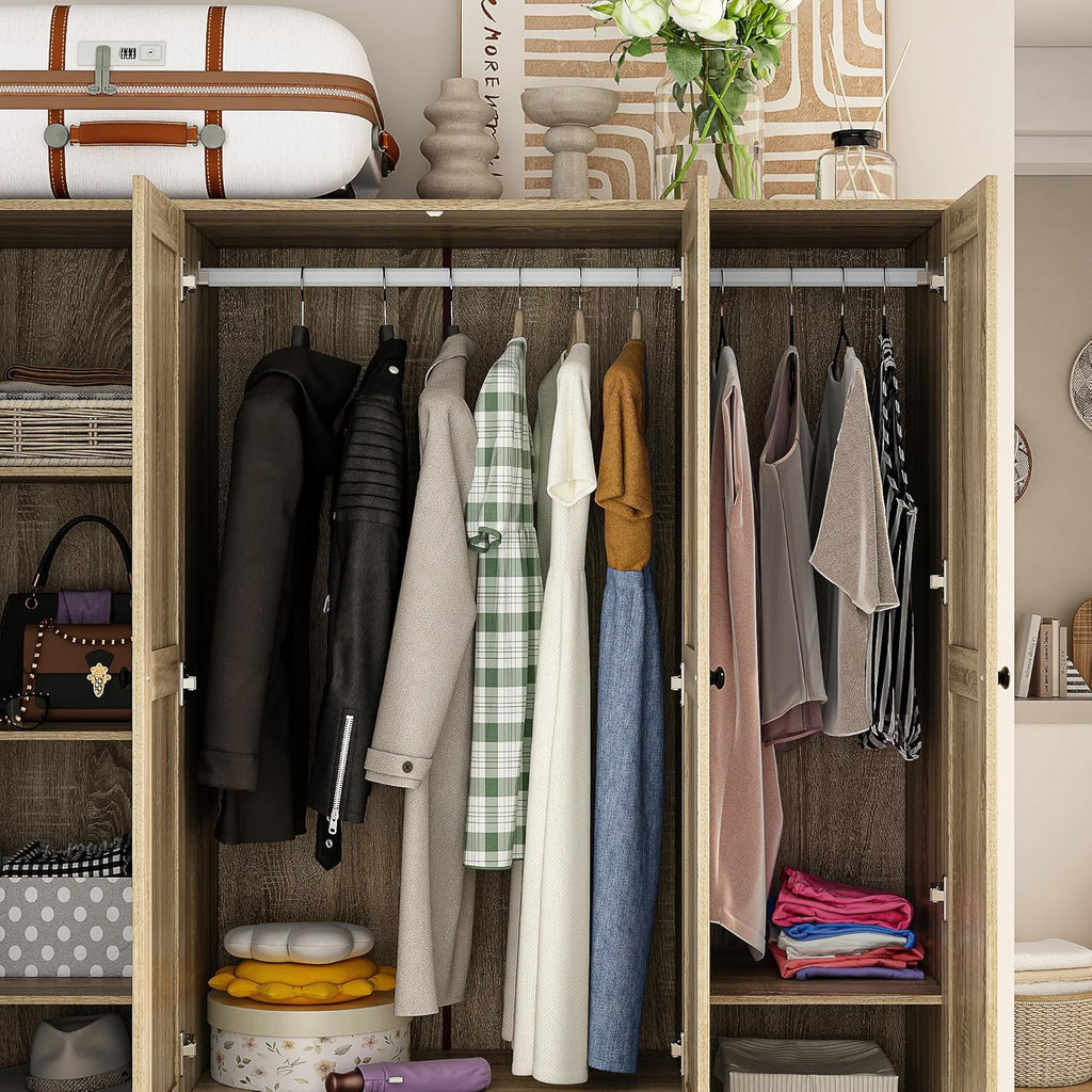 Light Brown 8 Door Wardrobe Armoire with Rattan Doors, 5 Drawers, 2 Hanging Bars S44433