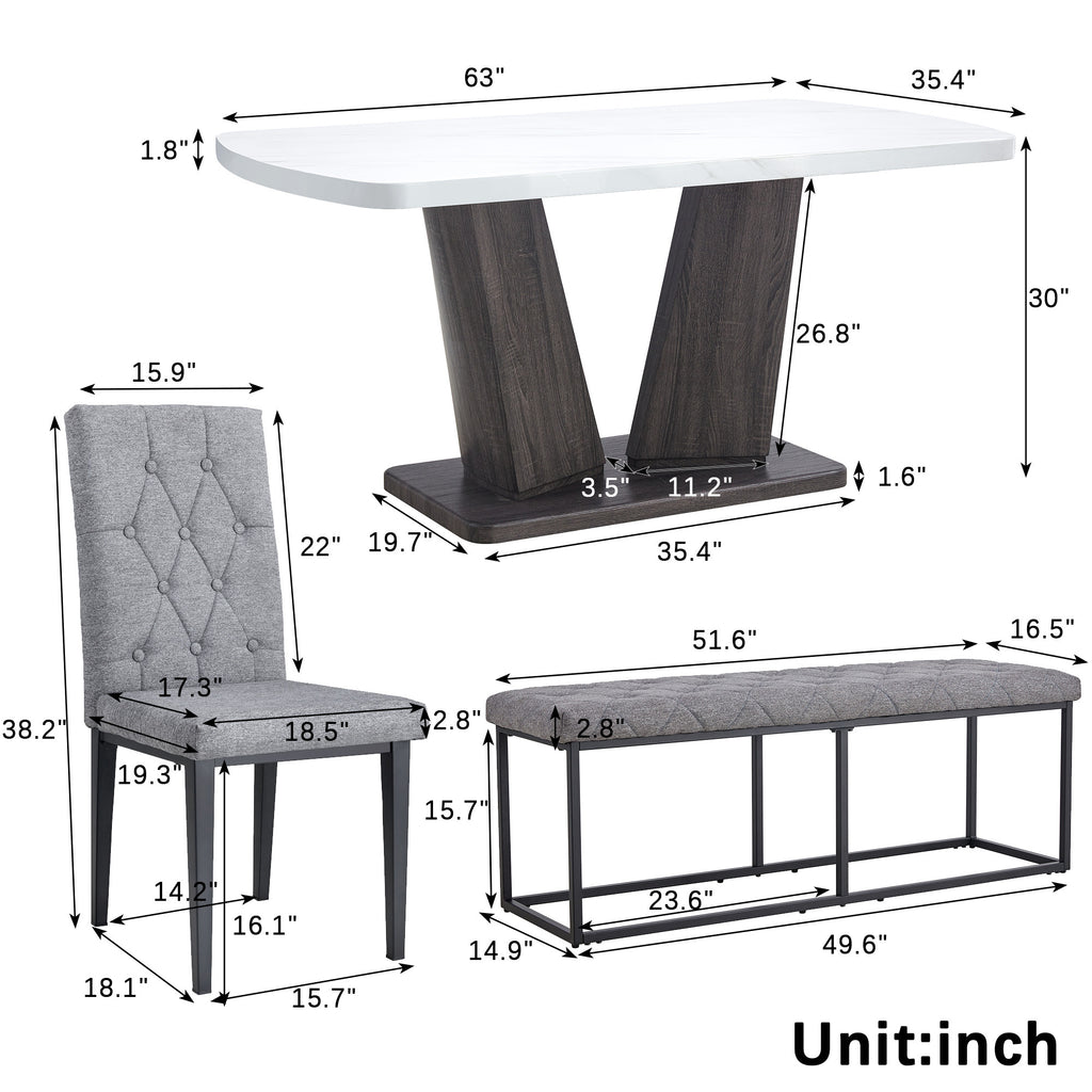 6PCS Faux Marble Dining Table Set with 4 Fabric Chairs and 1 Fabric Bench S8585