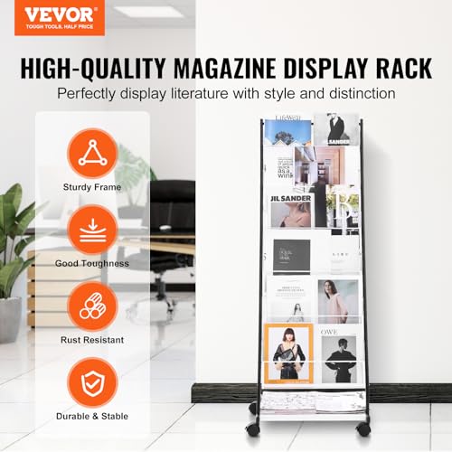 6-Tier Floor Standing Magazine Display Rack with 4 Wheels, 6 Pockets A20917