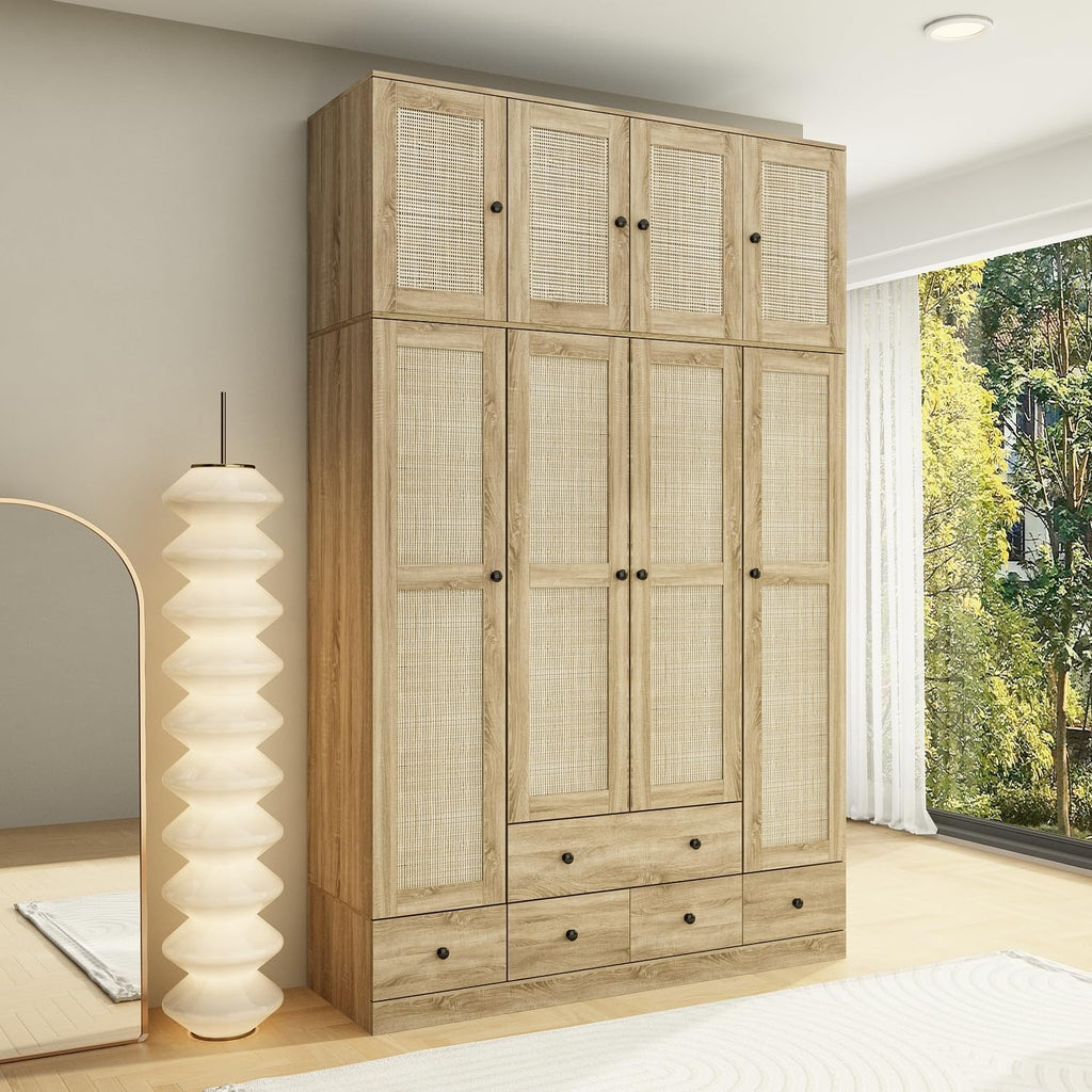 Light Brown 8 Door Wardrobe Armoire with Rattan Doors, 5 Drawers, 2 Hanging Bars S44433