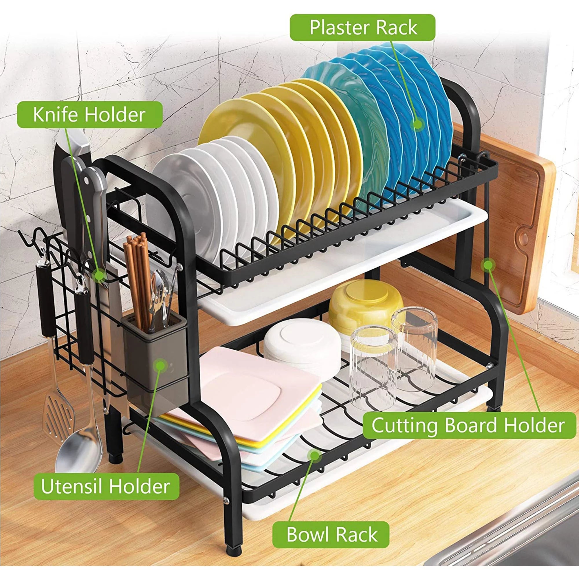 Adjustable 2-Tier Large Dish Drying Rack with Cutting Board Holder E36880