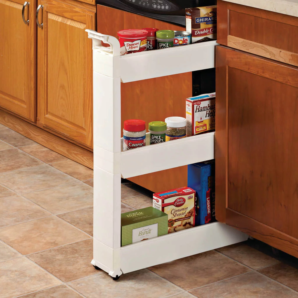Slim Storage Cart with 3 Baskets and Rolling Casters, Durable Plastic, 21" x 5" x 28 1/4" P853216