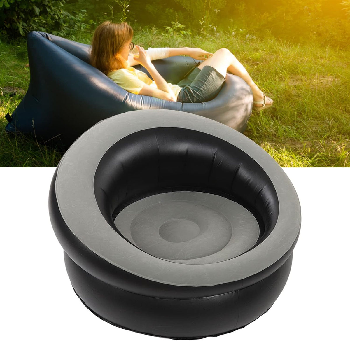 Inflatable Leisure Sofa Flocking Couch Air Chaise Lounge Grey L3633