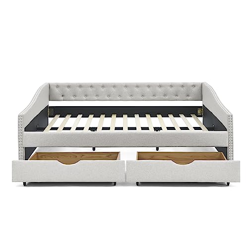 Beige Fabric Queen Size Upholstered Daybed with Drawers Y2370