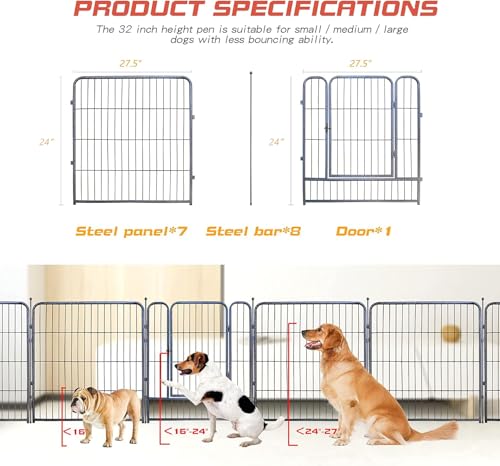 Silver Gray 8 Panels 32 inch Heavy Duty Folding Dog Playpen with Door H40712
