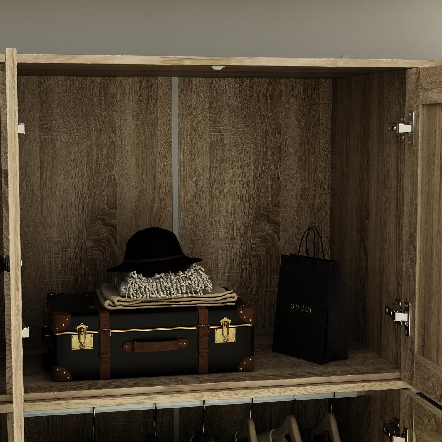 Light Brown 8 Door Wardrobe Armoire with Rattan Doors, 5 Drawers, 2 Hanging Bars S44433
