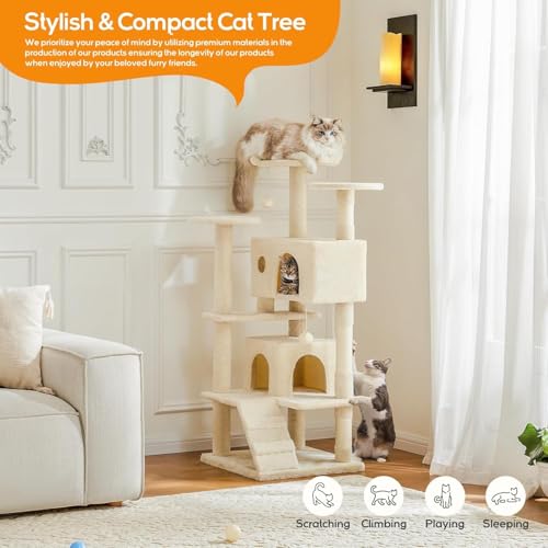 Dark Gray 54 Inches Cat Tree Tower with Scratching Post V752910