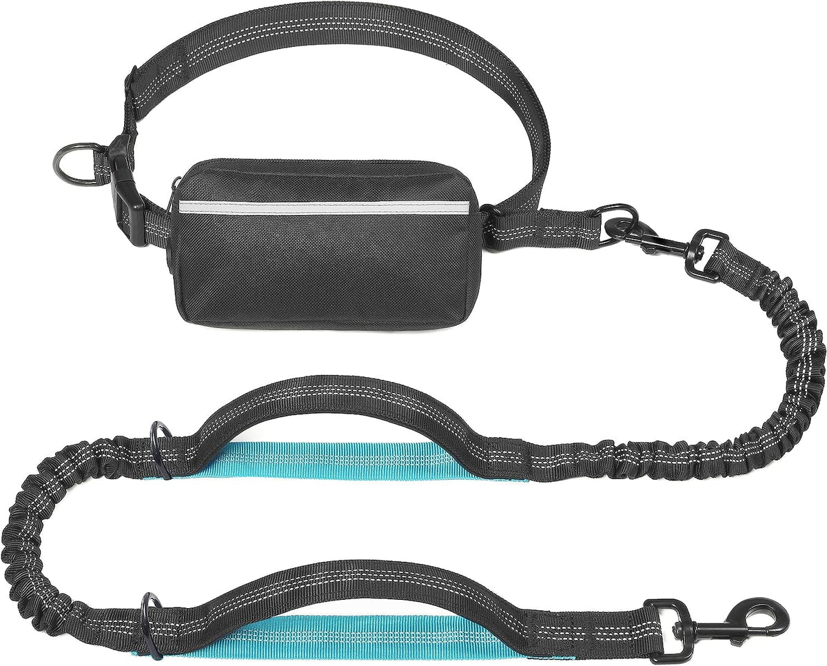 Hands Free Dog Leash with Zipper Pouch, Dual Padded Handles and Durable Bungee, Black Y693