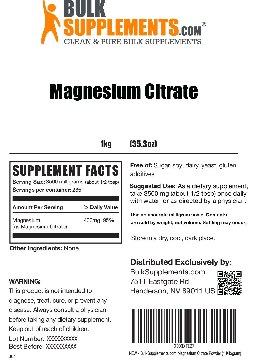 Magnesium Citrate Powder 3500mg Supplement 1kg 285 Servings W6782