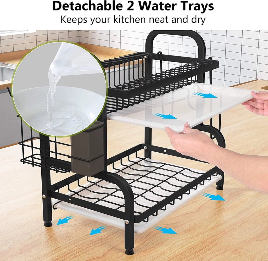Adjustable 2-Tier Large Dish Drying Rack with Cutting Board Holder E36880