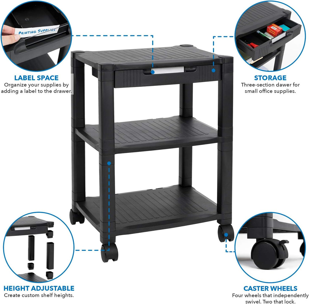 Black 3 Tier Rolling Printer Stand with Drawer W137684