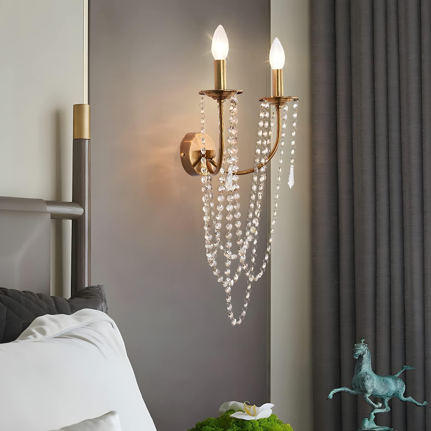 Modern Crystal Bead Wall Sconce 2 Lights Gold Metal Wall Light Fixture D1635