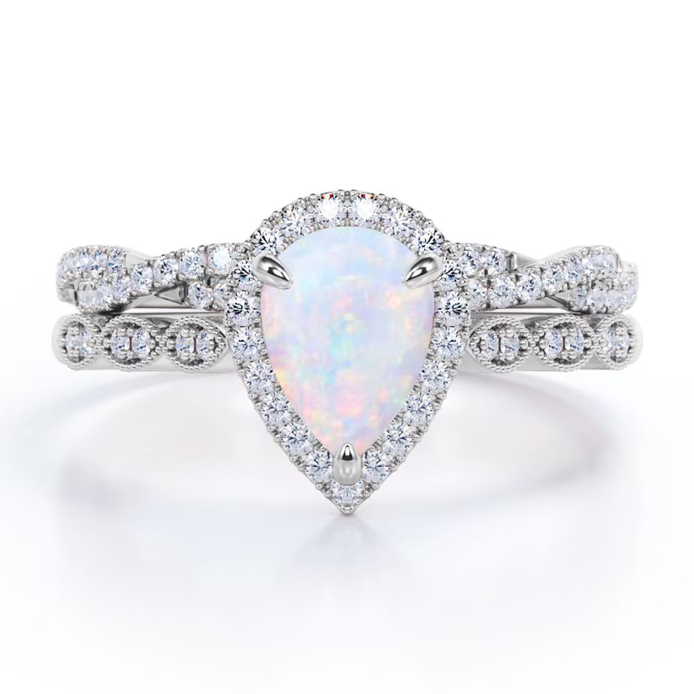 Pear Shaped Fire Opal & Diamond Wedding Ring Set in 10K White Gold X5061