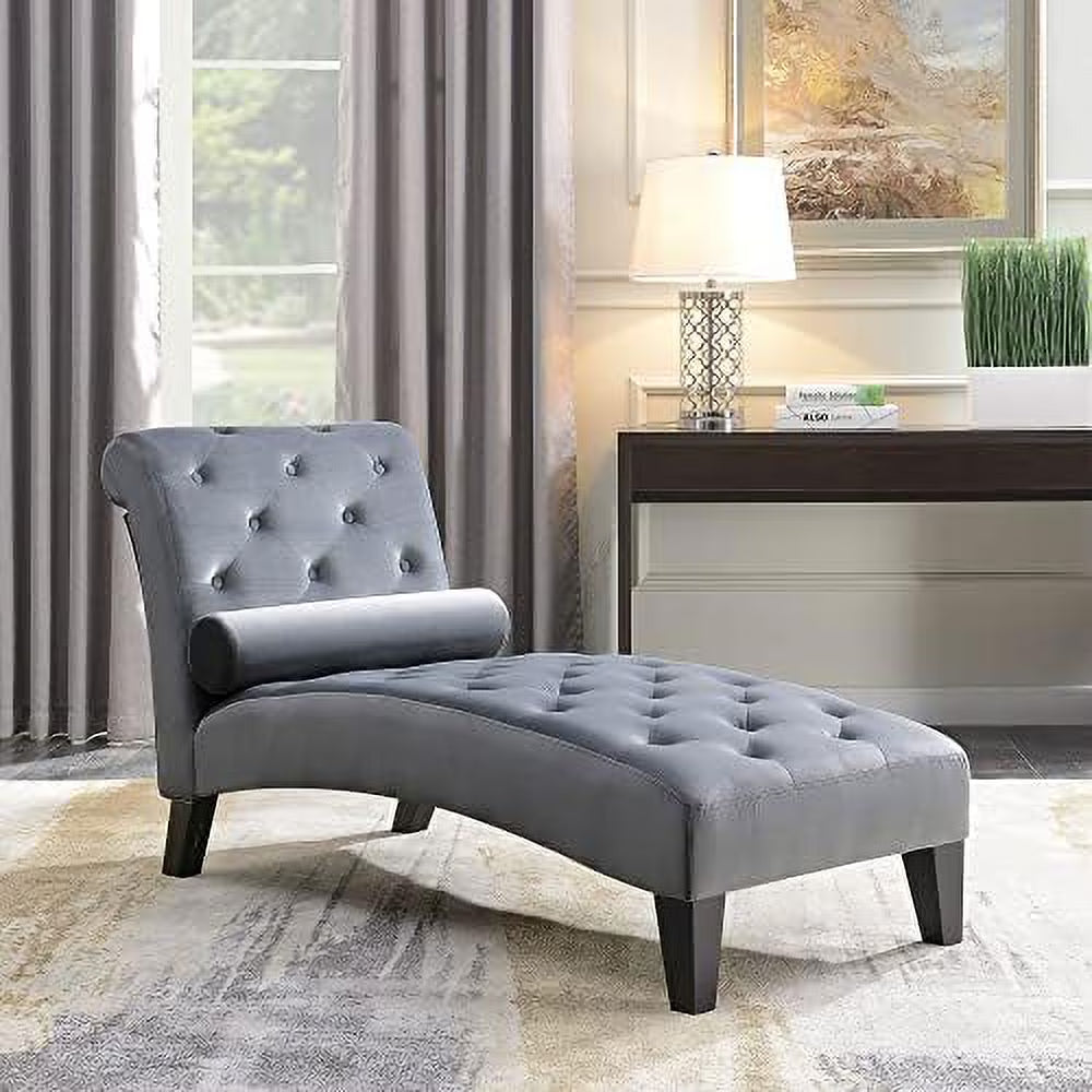 Beige Upholstered Chaise Lounge Sofa with Button Tufted Back and Hardwood Legs H4456
