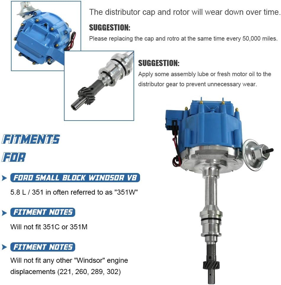 HEI Ignition Distributor for Small Block Ford 351W 5.8L 8 Cylinder with Blue Cap Pack of 2 H7943