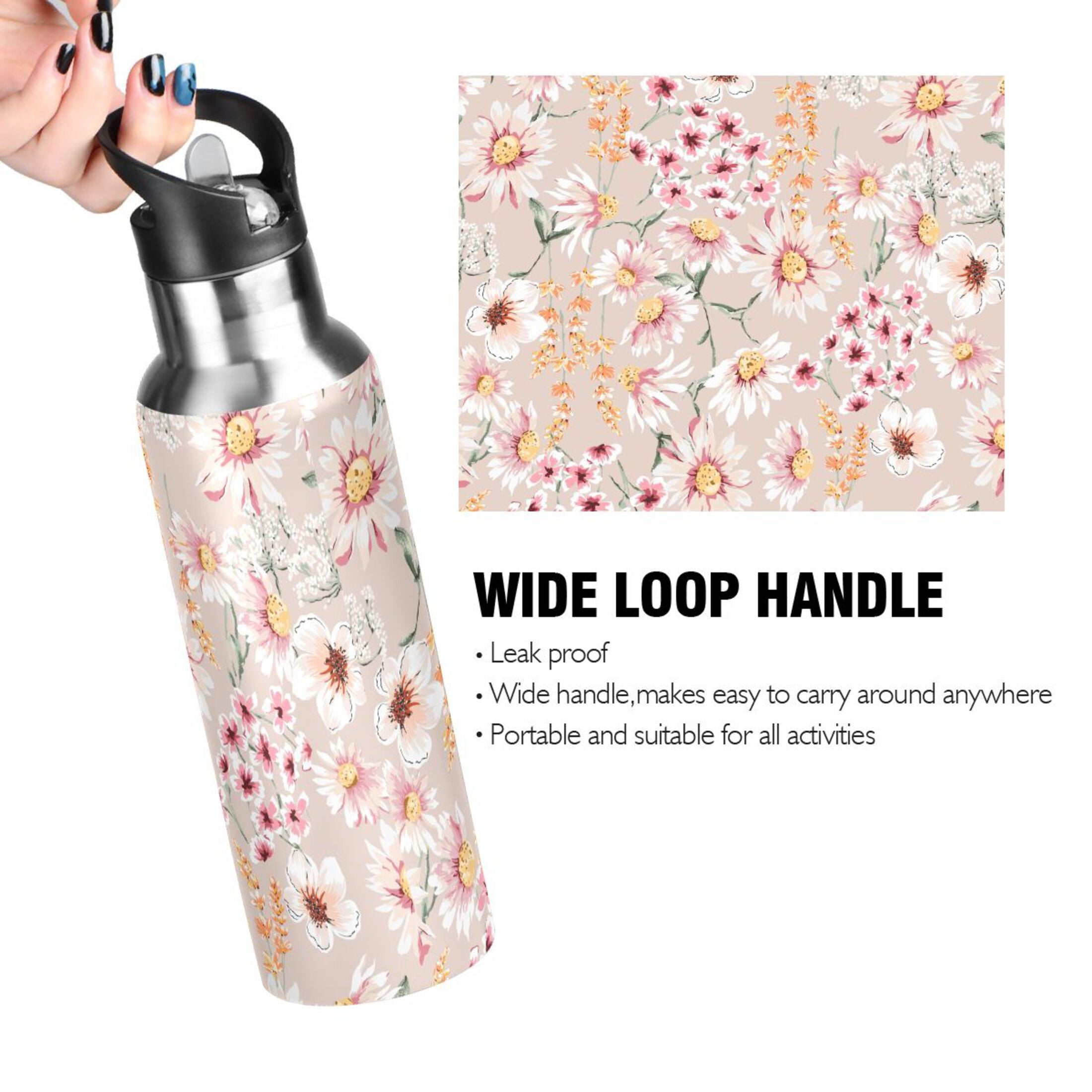 Pink Floral Stainless Steel Insulated Water Bottle with Straw Lid M541964
