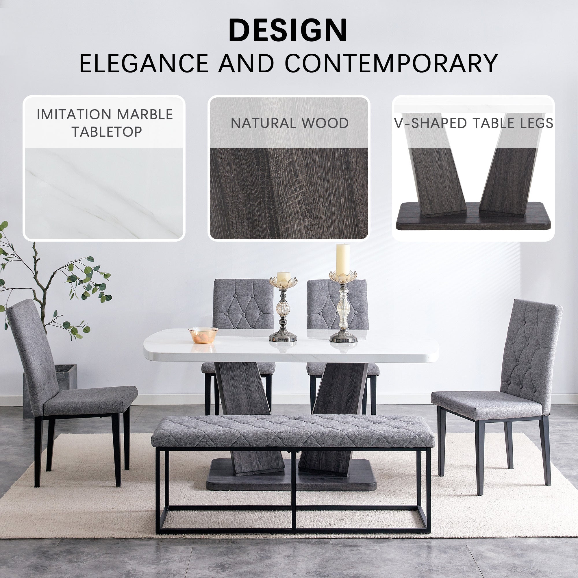 6PCS Faux Marble Dining Table Set with 4 Fabric Chairs and 1 Fabric Bench S8585