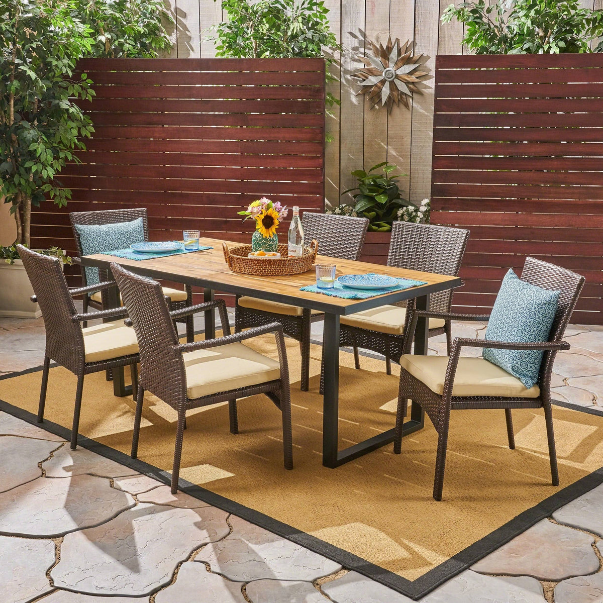 6-Seater Rectangular Acacia Wood and Wicker Dining Set Q123