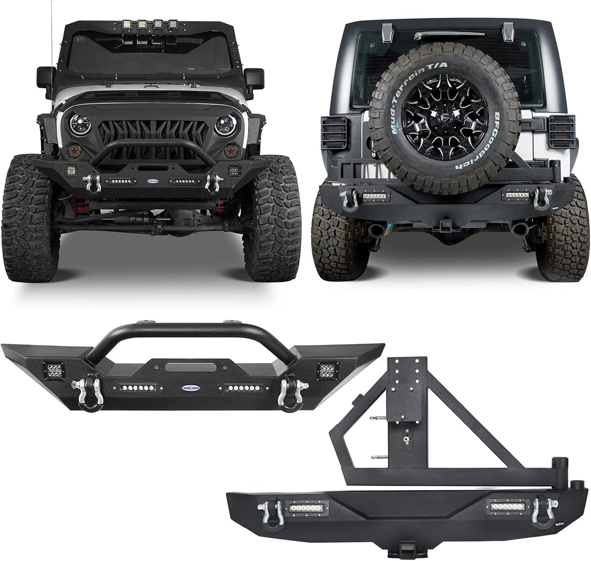 Front & Rear Bumpers Combo with Winch Plate & Spare Tire Carrier & LED Lights & D Rings A689