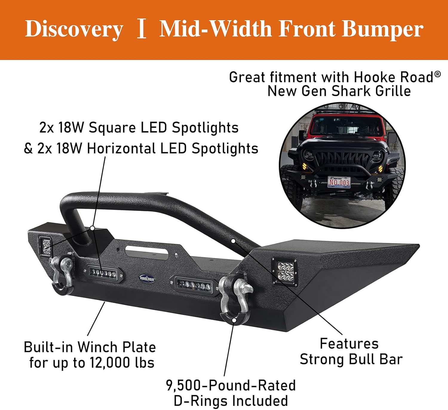 Front & Rear Bumpers Combo with Winch Plate & Spare Tire Carrier & LED Lights & D Rings A689