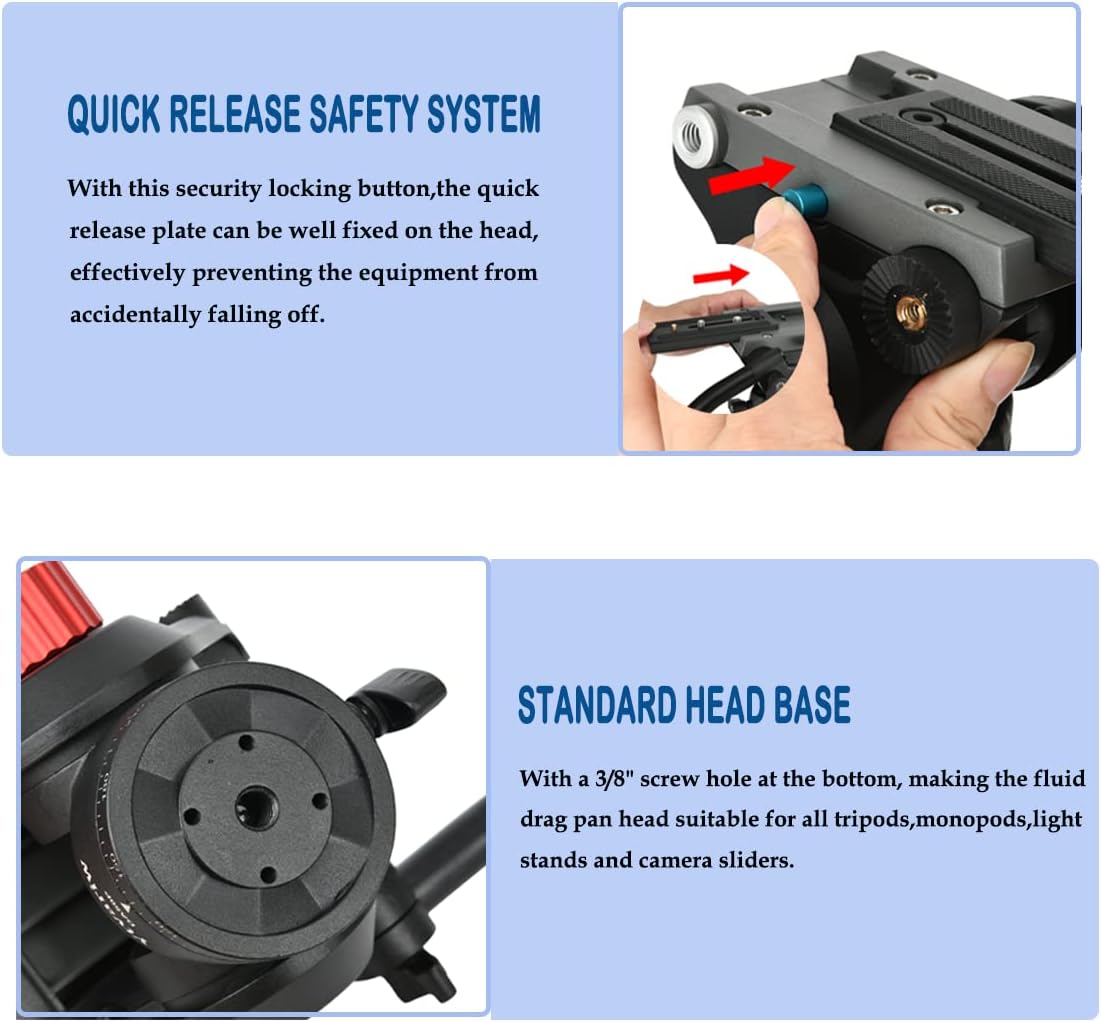 Heavy Duty Video Camera Tripod Fluid Drag Pan Head with 1/4” and 3/8” Screws QR Plate, Max Loading 13.2lbs, Pack of 2 F22319
