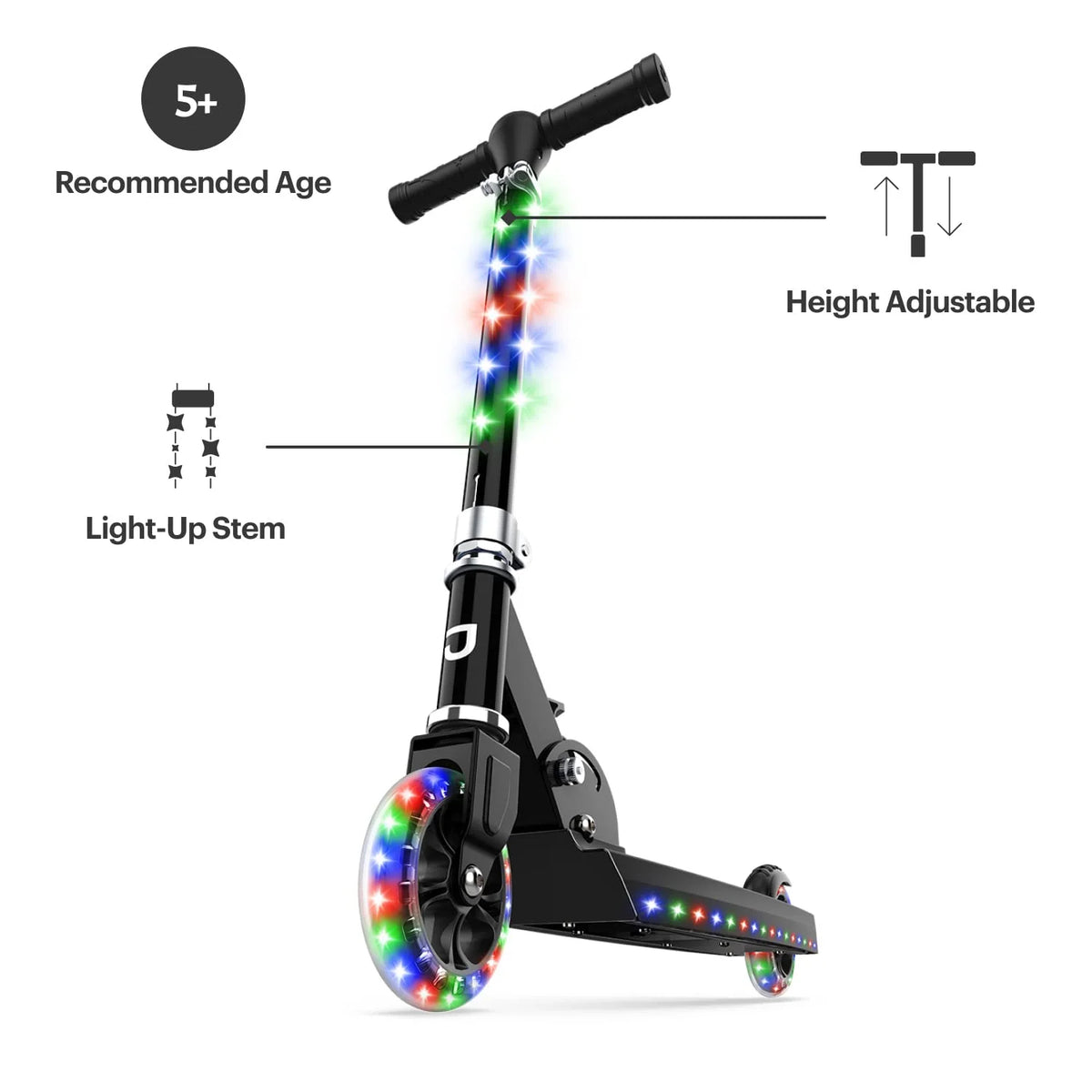 Black Collapsible Kids Kick Scooter with RGB Light Up LEDs F30486
